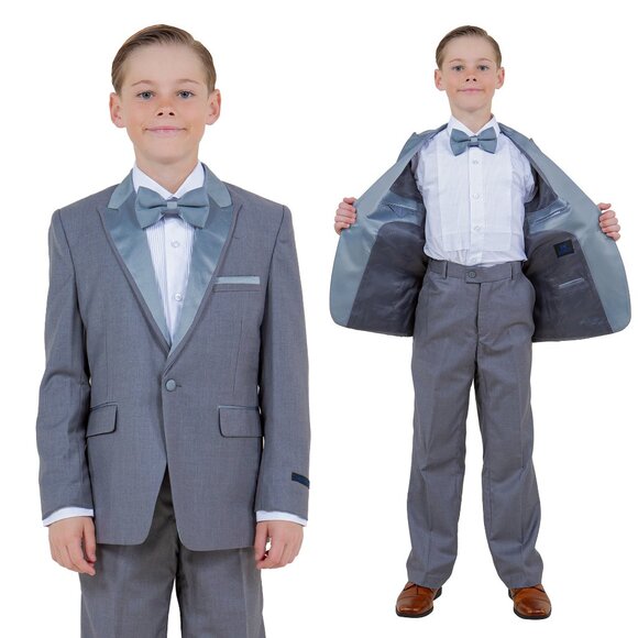 Boys Dark Grey Tuxedo 4pc w/ Satin Lapel Trim by Tazzio